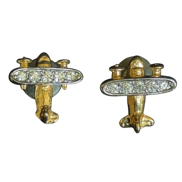 Gold-Tone Airplane Shaped Rhinestone Post Earrings Women'S - Picture 1 of 9